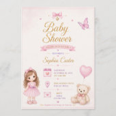 Roze babyshoweruitnodiging met knappe meisje save the date (Voorkant)