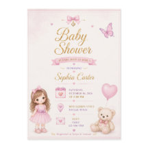 Roze babyshoweruitnodiging met knappe meisje