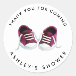 Roze babysneakers Baby Shower-sticker, cadeaukaart Ronde Sticker