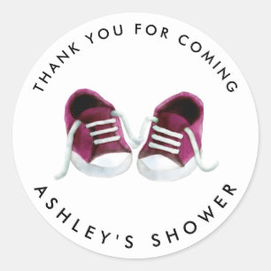 Roze babysneakers baby shower sticker, cadeautag ronde sticker