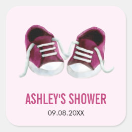 Roze babysneakers babyshowersticker, cadeautags vierkante sticker