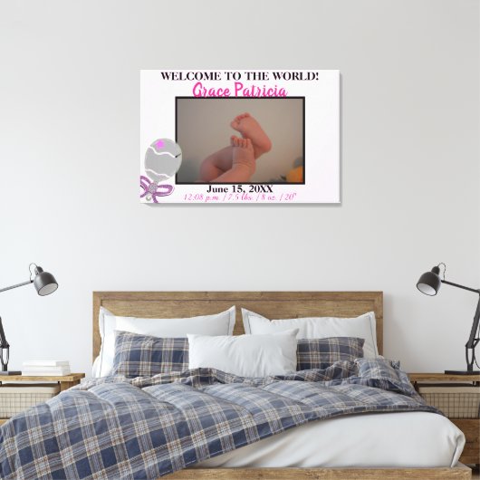 Roze babyspeeltje Ratel Geboorte Statistieken 91x6 Canvas Afdruk (Insitu (Slaapkamer))