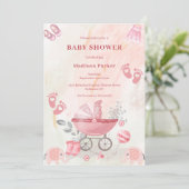 Roze babywagen baby shower uitnodiging (Staand voorkant)