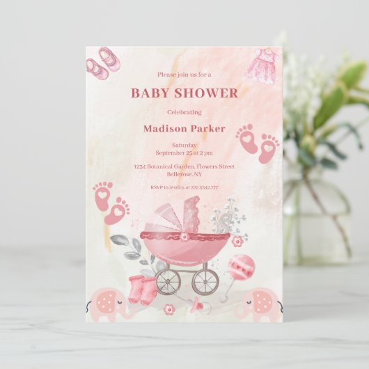 Roze babywagen baby shower uitnodiging (Staand voorkant)
