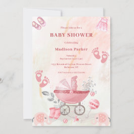 Roze babywagen baby shower uitnodiging