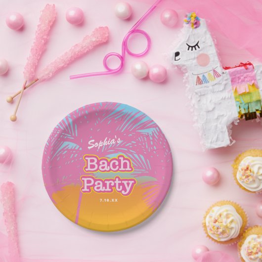 Roze Bach Party Palmbomen Papieren Bordje (Feest)