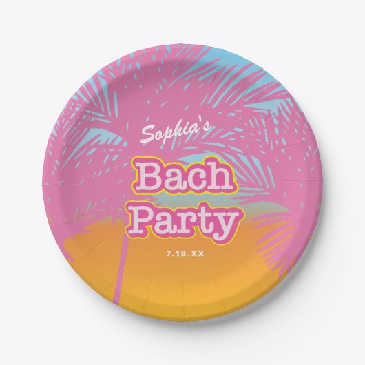 Roze Bach Party Palmbomen Papieren Bordje (Voorkant)