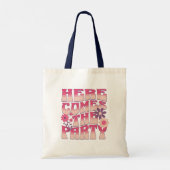 Roze Bachelorette Party Retro Groovy Bruid Squad Tote Bag (Achterkant)