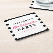 Roze bachelorette: zwart en wit kartonnen onderzetters (Schuin)