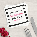 Roze bachelorette: zwart en wit servetten<br><div class="desc">Druk uw gasten met deze chic Bachelorette Party servet met een stijlvolle zwarte en witte strepen achtergrond en het woord "Bachelorette" in het roze waterverf script font. Controleer uit de passende Uitnodiging van de Partij Bachelorette in mijn opslag http://www.zazzle.com/chic_black_white_bachelorette_party_invitation-256564780124438394?rf=238364477188679314 het door de placeholder tekst te vervangen aanpast. Klik op de...</div>