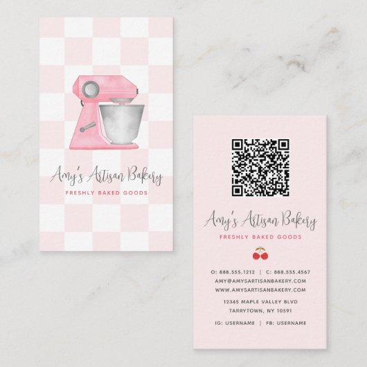 Roze Backmixer Geruite Patroon QR Code Visitekaartje (Voorkant / Achterkant)