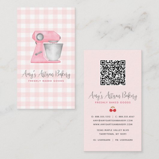 Roze Backmixer Gingham Patroon QR Code Visitekaartje (Voorkant / Achterkant)