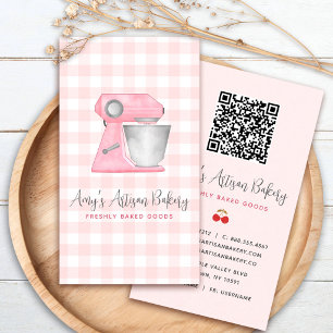 Roze Backmixer Gingham Patroon QR Code Visitekaartje