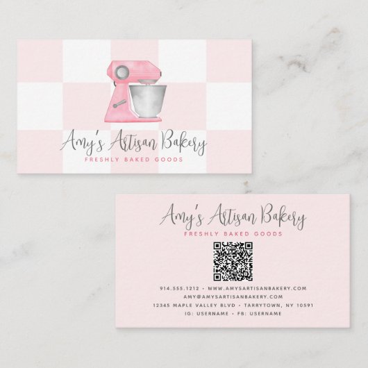 Roze Backmixer QR Code Geruite Patroon Bakkerij Visitekaartje (Voorkant / Achterkant)