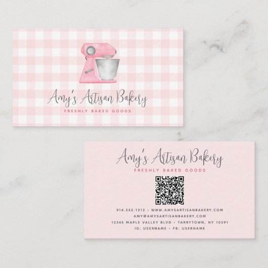 Roze Backmixer QR Code Geruite Patroon Visitekaartje (Voorkant / Achterkant)