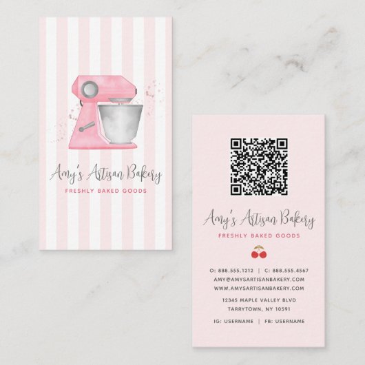 Roze Backmixer Strepenpatroon QR-code Visitekaartje (Voorkant / Achterkant)