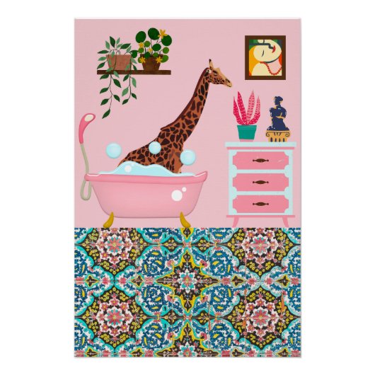 Roze badende Giraffe Wall Art Print Perfect Poster (Voorkant)