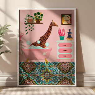 Roze badende Giraffe Wall Art Print Perfect Poster