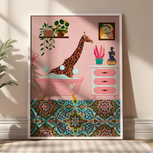 Roze badende Giraffe Wall Art Print Perfect Poster