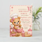 Roze Bakbeer 7e Verjaardagsfeestje Kaart (Staand voorkant)