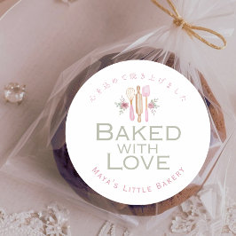 Roze Bakbenodigdheden Waterverf Gebakken met Liefd Ronde Sticker