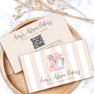 Roze Bakery Keukenmixer Beige Strepen QR Code Visitekaartje