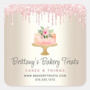 Roze Bakkerij Cake Glitter Druppels Dessert Goud Vierkante Sticker