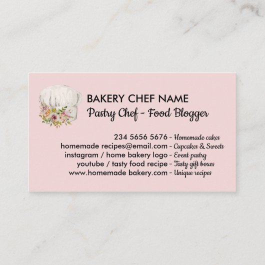roze Bakkerij chef-kok waterverf floral gebak Visitekaartje (Achterkant)