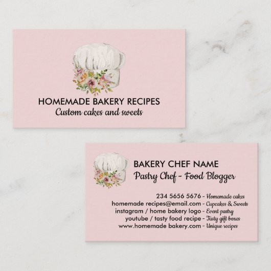 roze Bakkerij chef-kok waterverf floral gebak Visitekaartje (Voorkant / Achterkant)