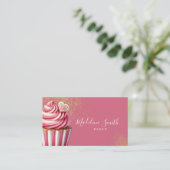 Roze bakkerij glitter cupcakes barcode visitekaartje (Staand voorkant)