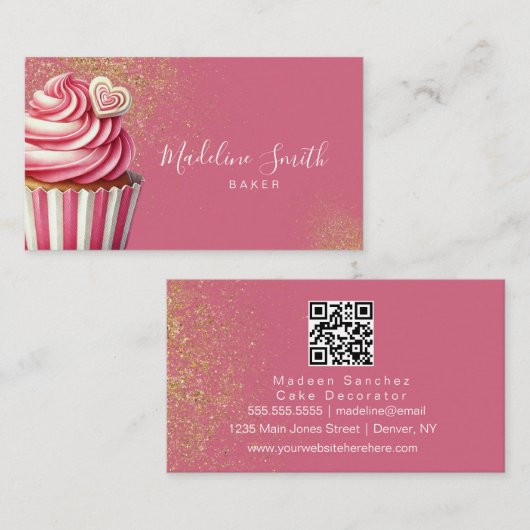 Roze bakkerij glitter cupcakes barcode visitekaartje (Voorkant / Achterkant)