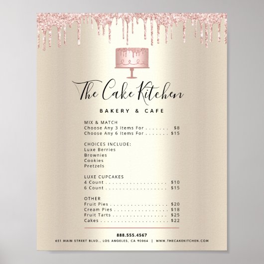 Roze bakkerij Glitter Drip Gold Menu Prijslijst Poster (Voorkant)