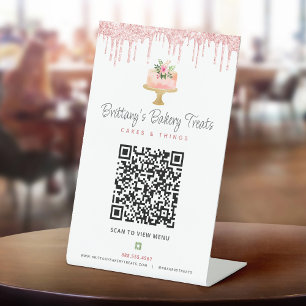 Roze Bakkerij QR Code Scan Menu Cake Glitters Reclamebord Met Voetstuk