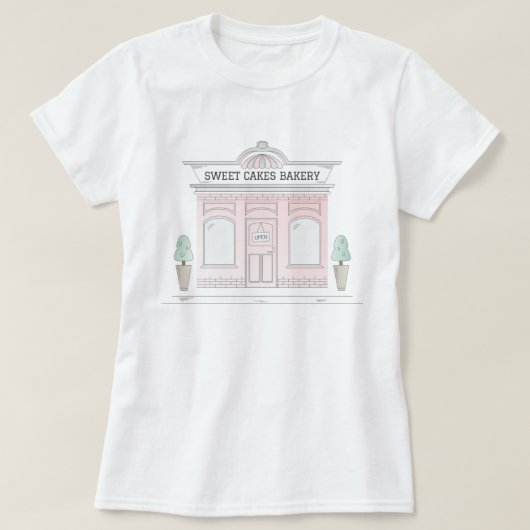 Roze Bakkerij Shop Geïllustreerd Cafe T-shirt (Design voorkant)