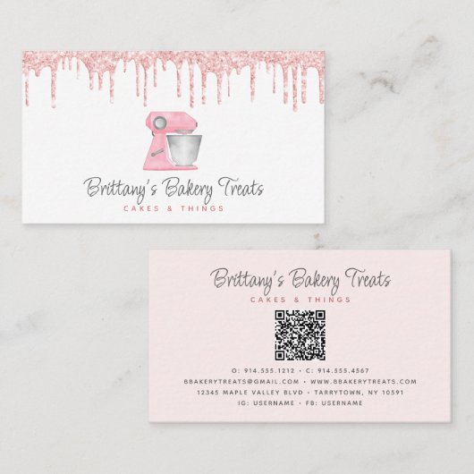 Roze Bakmixer Glitterdruppels QR-code Visitekaartje (Voorkant / Achterkant)