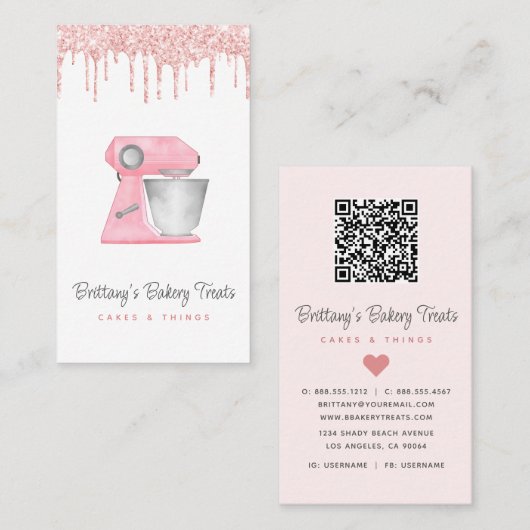 Roze Bakmixer Glitterdruppels QR-code Visitekaartje (Voorkant / Achterkant)