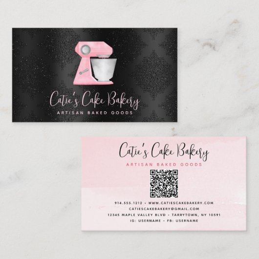 Roze Bakmixer QR-code op Zwarte Damast Visitekaartje (Voorkant / Achterkant)