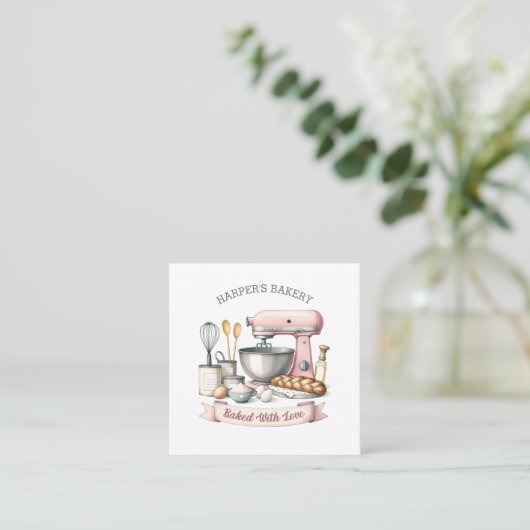 Roze bakmixer vierkante visitekaartje (Staand voorkant)