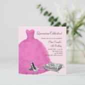 Roze baljurk Hoge hiel schoenen Roze Quinceanera Kaart (Staand voorkant)