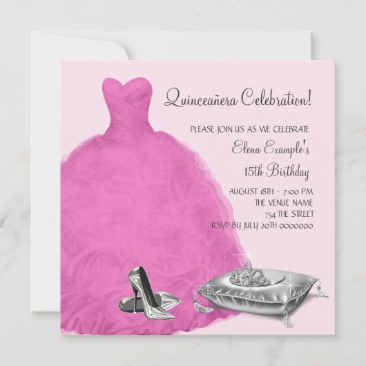 Roze baljurk Hoge hiel schoenen Roze Quinceanera Kaart (Voorkant)