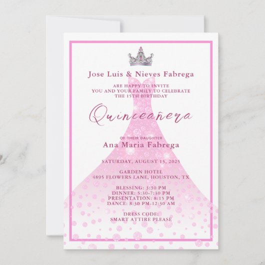 Roze baljurk & Tiara Quinceañera Verjaardag Kaart (Voorkant)