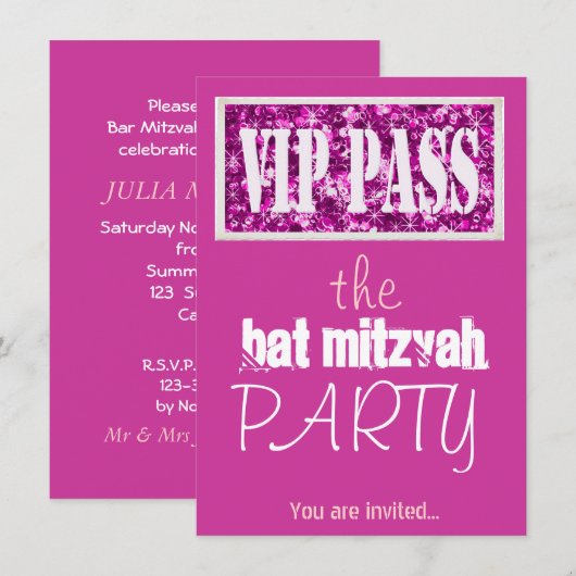 Roze balk Mitzvah Bat Mitzvah VIP Kaart (Voorkant / Achterkant)