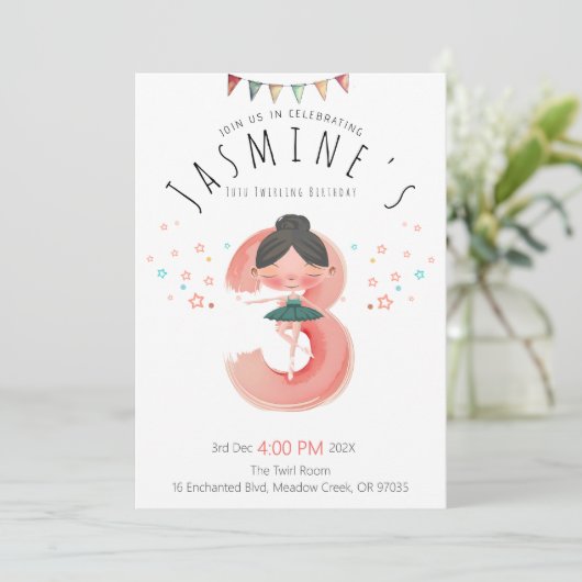 Roze Ballerina 3e Verjaardagsmeisje Kaart (Staand voorkant)