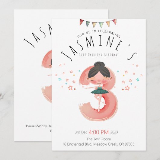 Roze Ballerina 3e Verjaardagsmeisje Kaart (Voorkant / Achterkant)