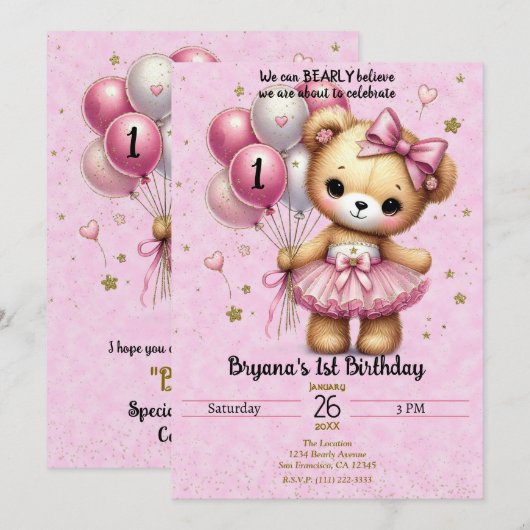 Roze Ballerina Beer Glitter Ballon 1e Verjaardag Kaart (Voorkant / Achterkant)