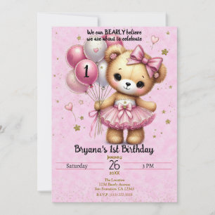 Roze Ballerina Beer Glitter Ballon 1e Verjaardag Kaart