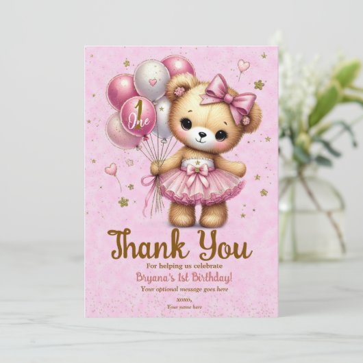Roze Ballerina Beer Glitter Ballon Dank u Kaart (Staand voorkant)