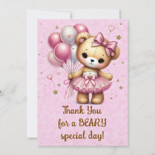 Roze Ballerina Beer Glitter Ballon Dank u Kaart (Achterkant)