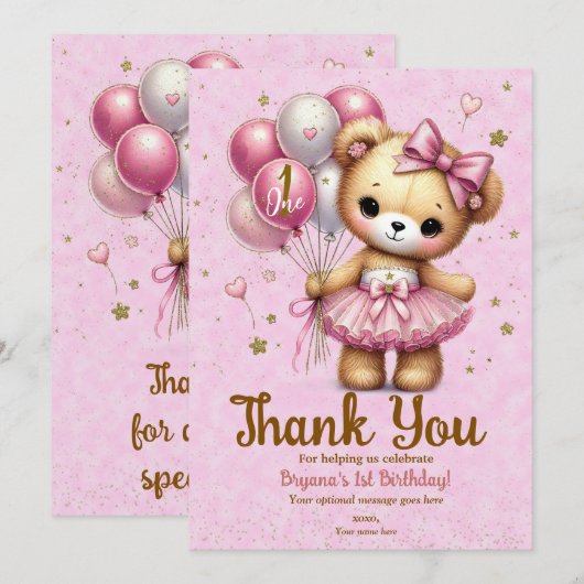 Roze Ballerina Beer Glitter Ballon Dank u Kaart (Voorkant / Achterkant)