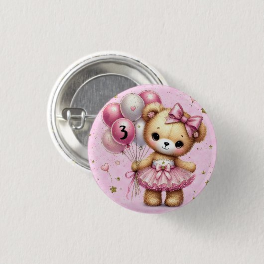 Roze Ballerina Beer Glitter Ballon Verjaardag Meis Ronde Button 3,2 Cm (Voorkant /achterkant)